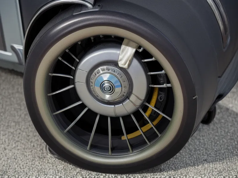Close-up of a damaged luggage wheel with a flat spot from airline handling.