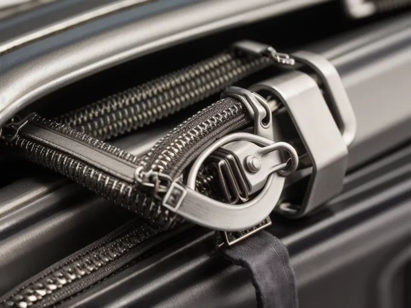 A derailed luggage zipper being repaired with a pen.
