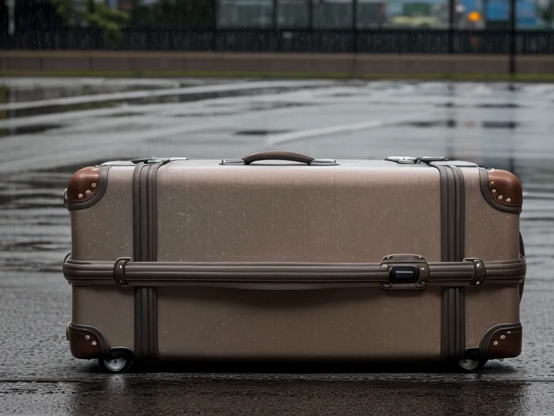 Luggage being handled on a baggage cart during a rainy day at the airport.