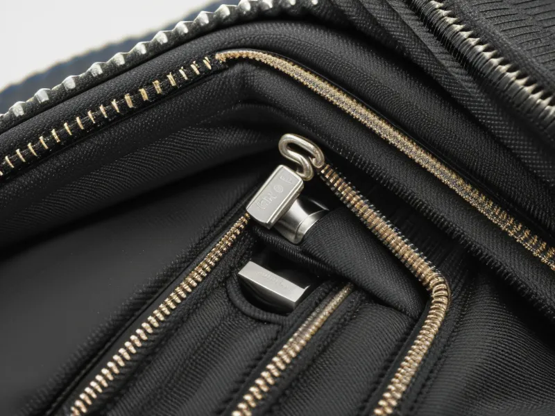 Extreme macro shot of heavy-duty YKK RC 10 coil zipper teeth on luggage.