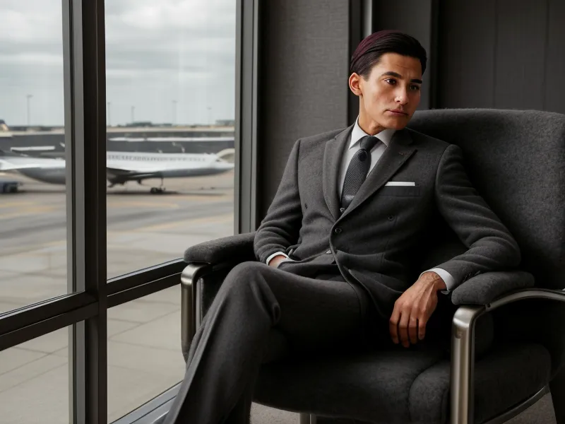 Business traveler waiting in an airport lounge with their reliable carry-on luggage.