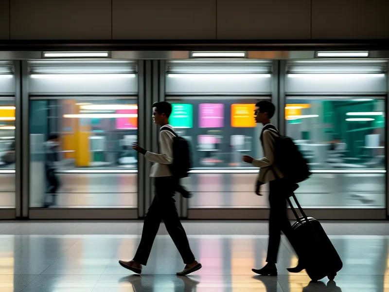 A traveler walking past a crowded baggage carousel with only a small laptop bag.