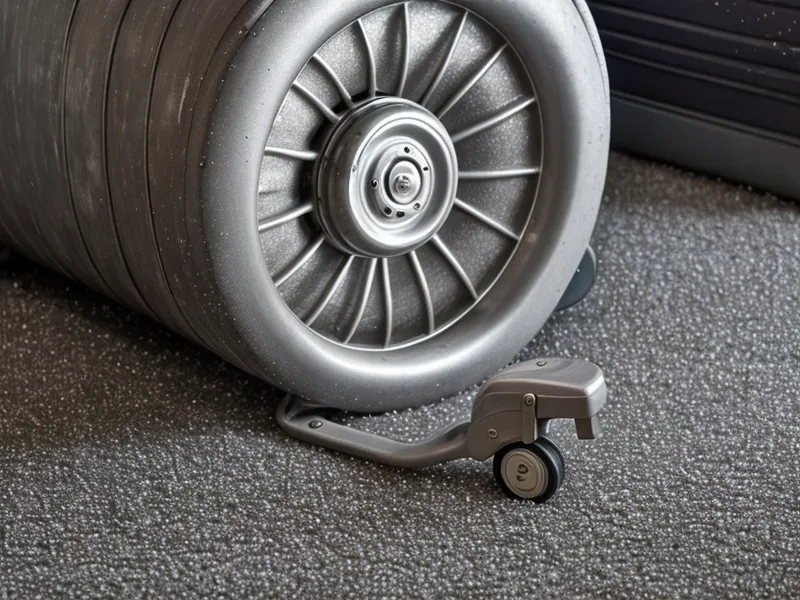 A luggage spinner wheel struggling to roll through winter slush and salt on carpet.