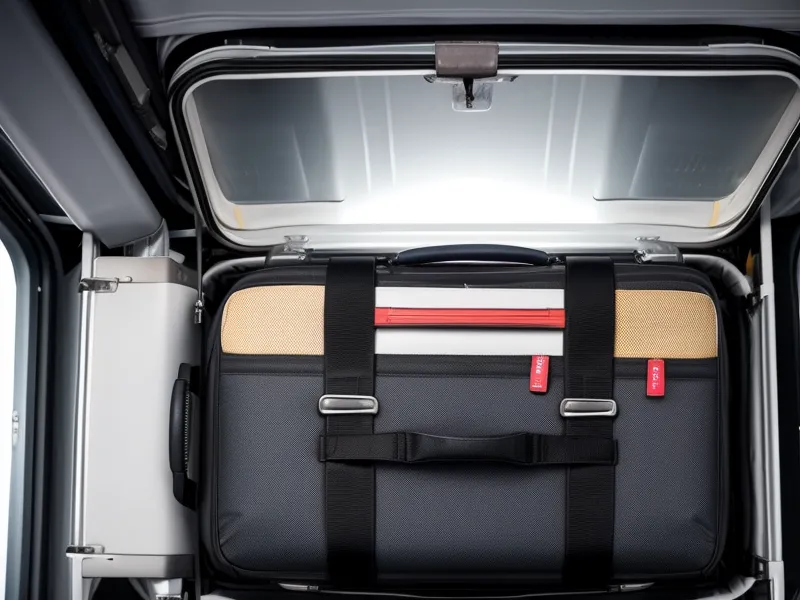 Two-wheeled carry-on bag fitting perfectly into a small regional jet overhead bin.