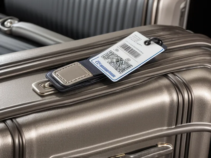 Close-up of a professional luggage shipping label on a suitcase handle.