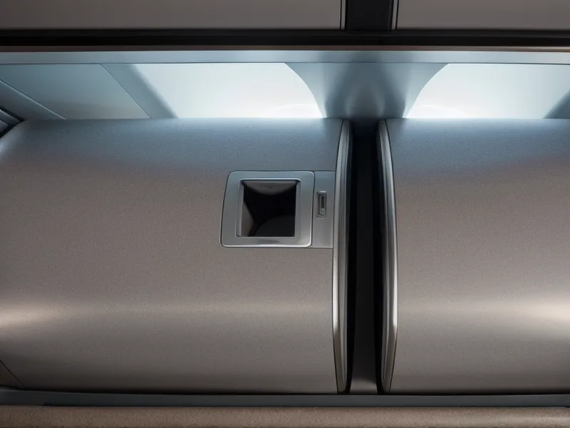 The cramped and curved interior of a regional jet overhead bin.