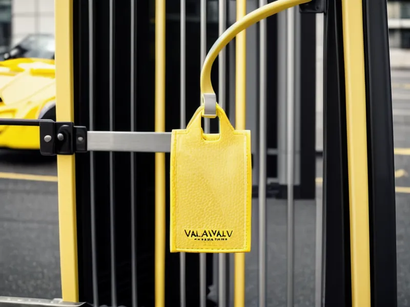 A yellow valet tag attached to a hardside suitcase handle.